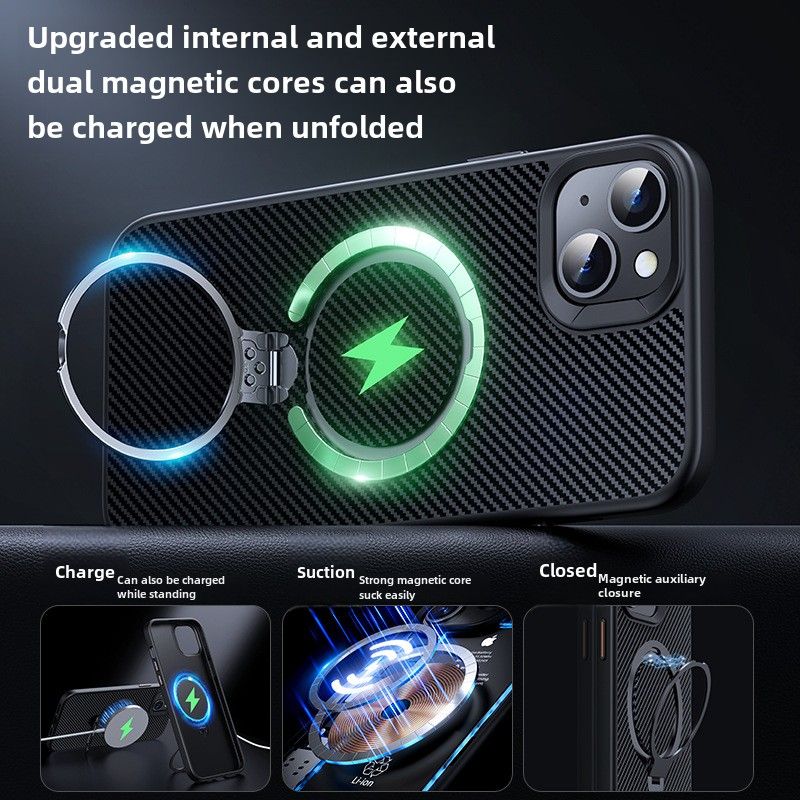 New iPhone15 carbon fiber mobile phone case, double ring magnetic suction bracket, suitable for iPhone15 Pro mobile phone case_voghion.com