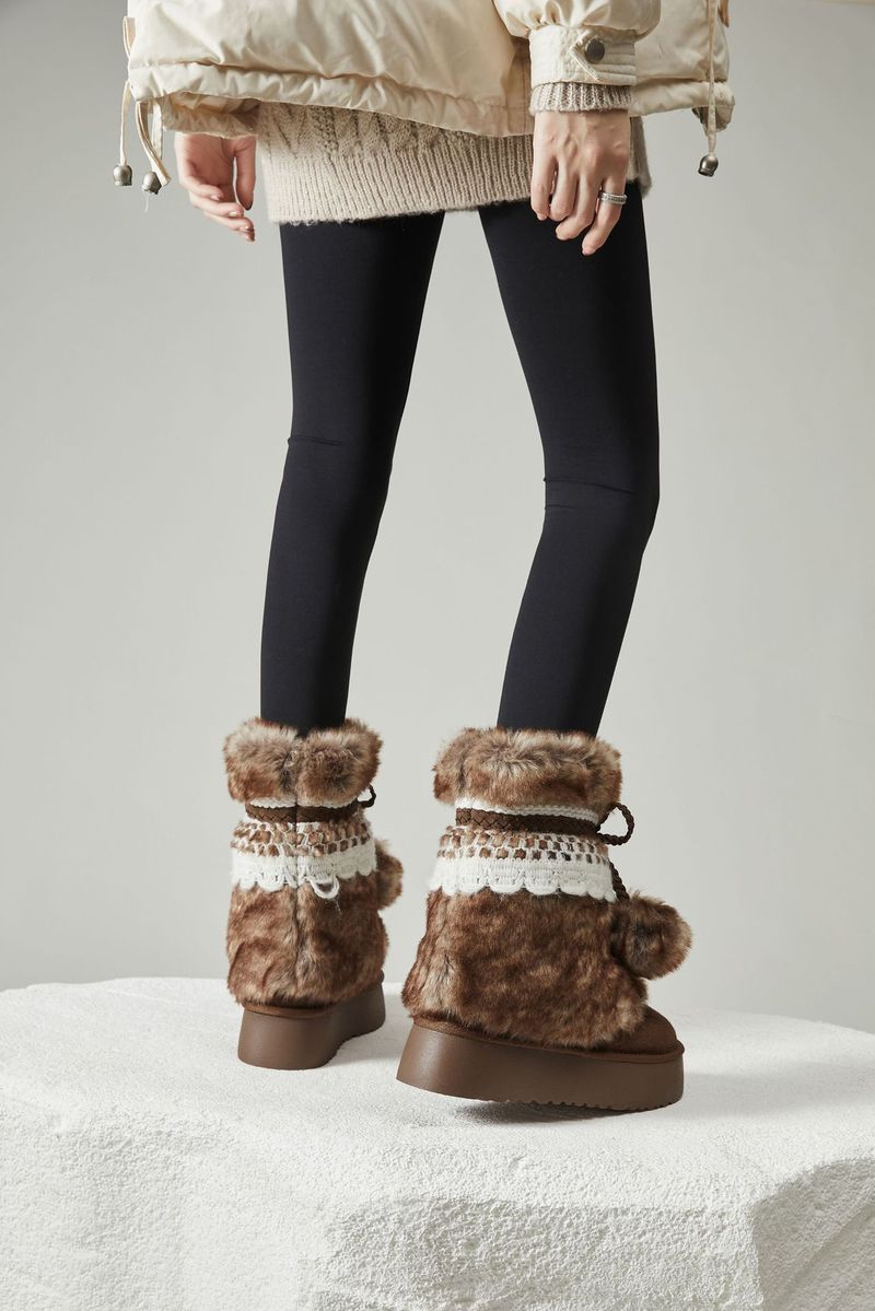 001 001 Bosi Herbst/Winter Dreifarbige runde Zehenpartie Dicke Sohle Waldstil Vielseitige warme Schnürbesätze Fellbommel Retro-Schneestiefel_voghion.com