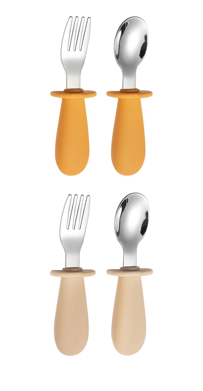 Conjunto de 3 peças de faca, garfo e colher infantil de aço inoxidável 316 com cabo curto de silicone para mãe e filhos, colher para comer infantil, utensílios de mesa portáteis_voghion.com