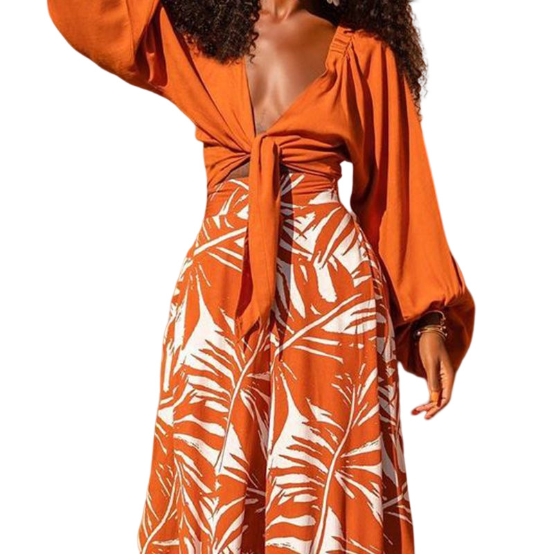 new women's fashionable temperament printed pants V-neck top long-sleeved two-piece set_voghion.com