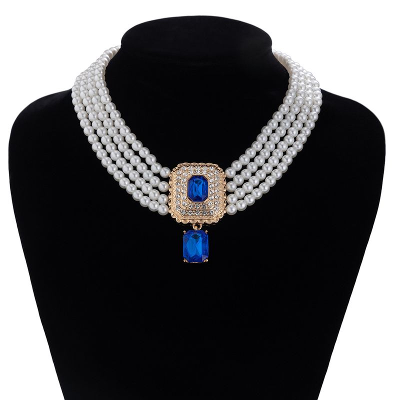 Retro square full diamond gem pearl choker necklace temperament French multi layer necklace_voghion.com