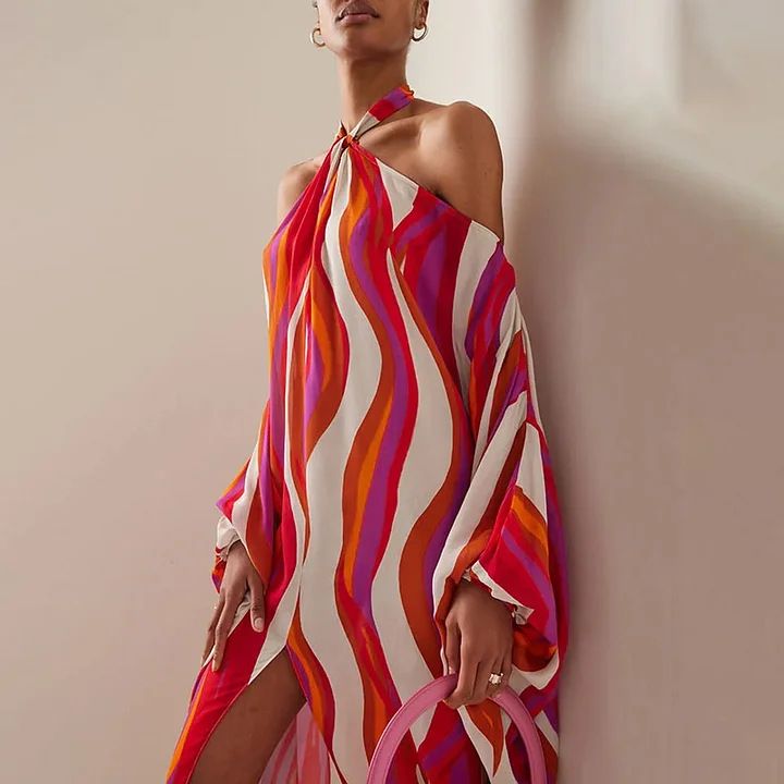 Maillot de bain une pièce imprimé rayé à col en V profond et ensemble de couverture pour femmes_voghion.com