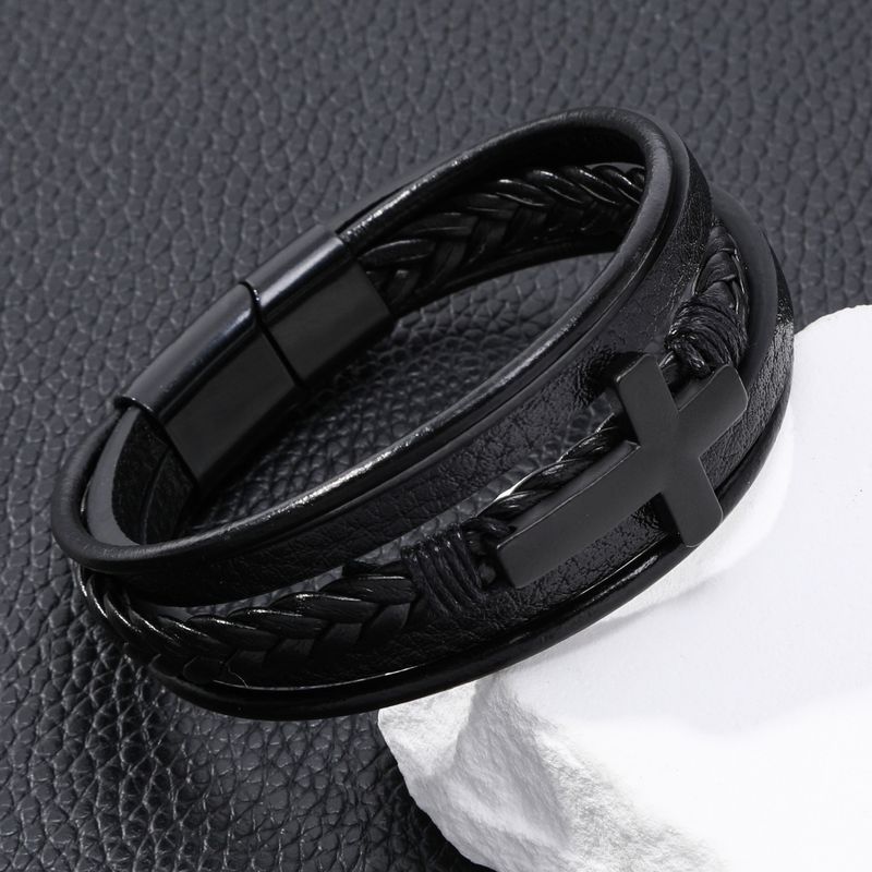 Leren Street Fashion Armband Legering Laser Meerlaags Geweven Kruisvormige Bangle_voghion.com