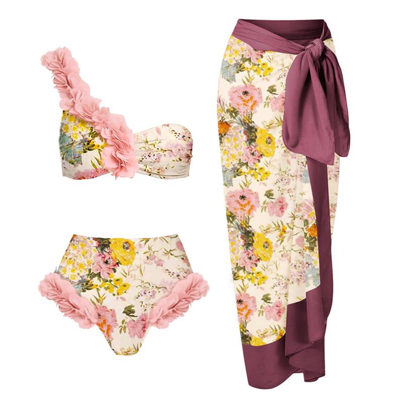 Maillot de bain fleuri à volants pour femmes, bikini, épaules dénudées, costume pour femmes_voghion.com