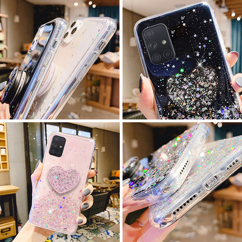 Glitter Custodia per supporto per Samsung A51 A71 A50 A70 A21s A12 A41 A40 A31 A20e A02 Cover per Samsung J6 J4 A6 A8 Plus A7 2018_voghion.com