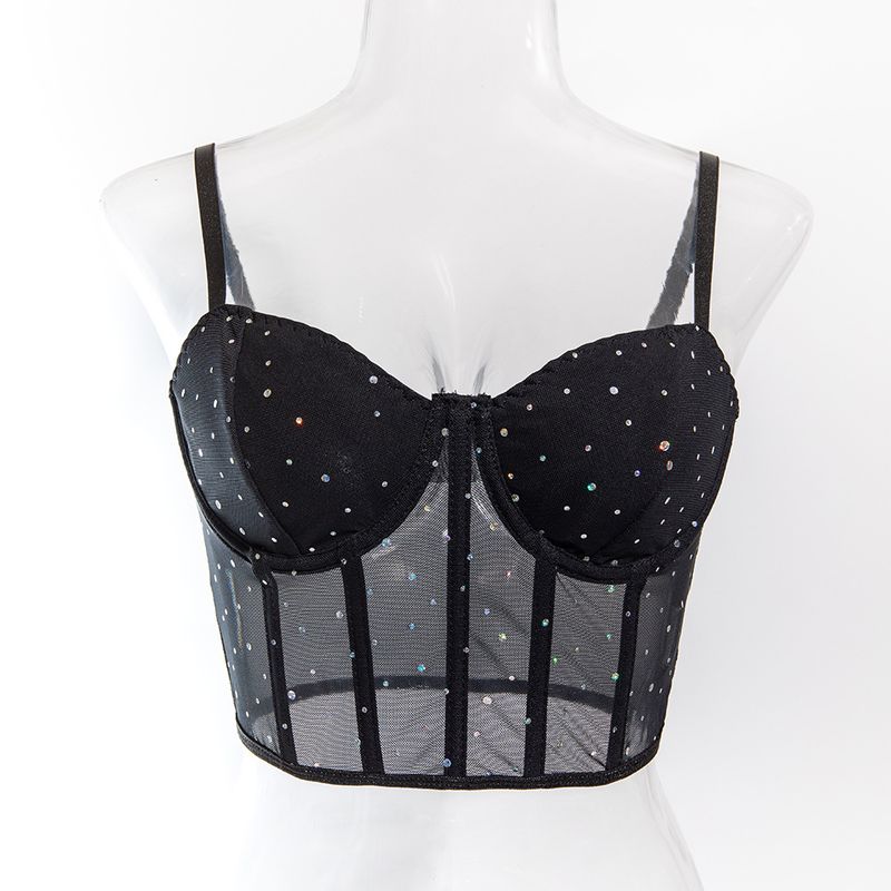 Women's Sexy Clubwear Sequin Bustier Top - Boned Underwire Push Up Crop Top With Sheer Mesh Bodycon Glitter Party Vest For Women_voghion.com