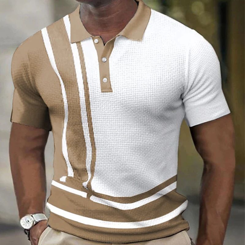 Polo estiva da uomo nuova T-shirt con motivo waffle a maniche corte a righe color block_voghion.com