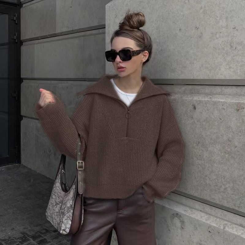 K Nouveau haut rétro à manches longues avec un design ample et un pull à col en V pour femme_voghion.com