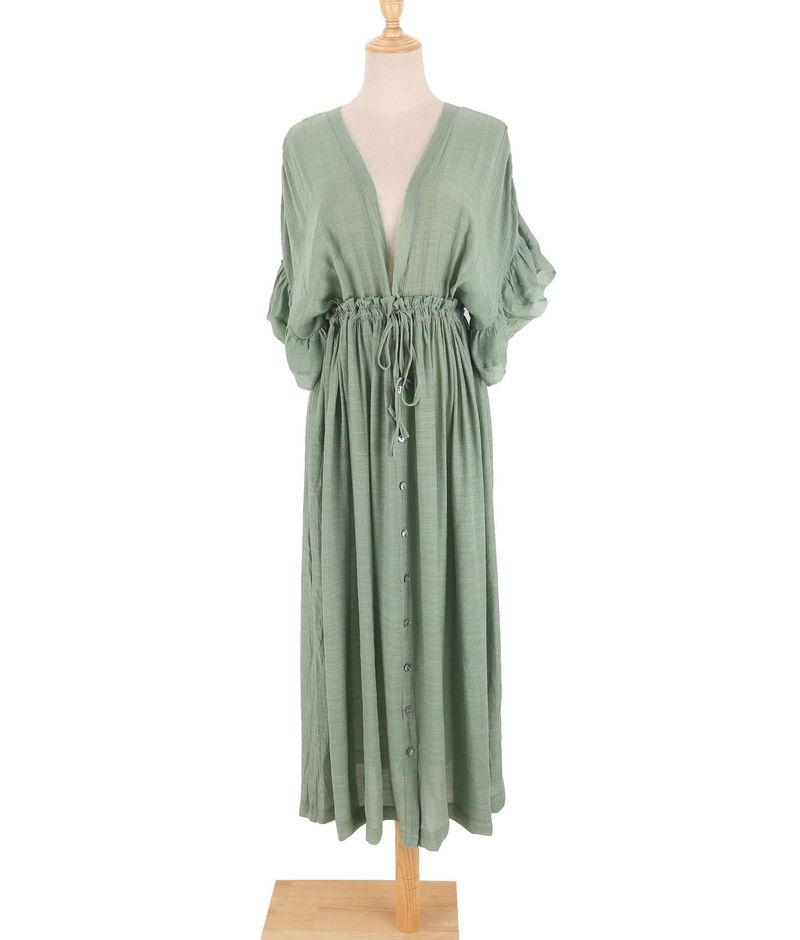 Boho Button Front Cover Up Dress With Belt - Beach Sun Protection Kimono Cardigan For Women_voghion.com