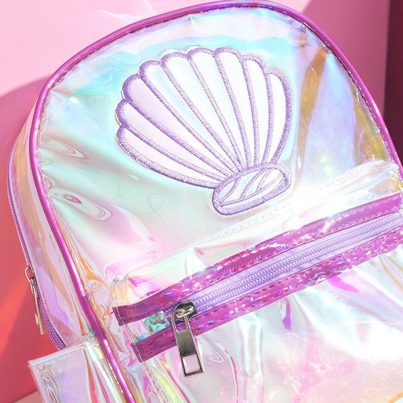 Zaino per ragazze laser colorato trasparente in TPU, impermeabile, per bambini, carino, casual, all'ingrosso, a forma di conchiglia, a forma di coda di pesce_voghion.com