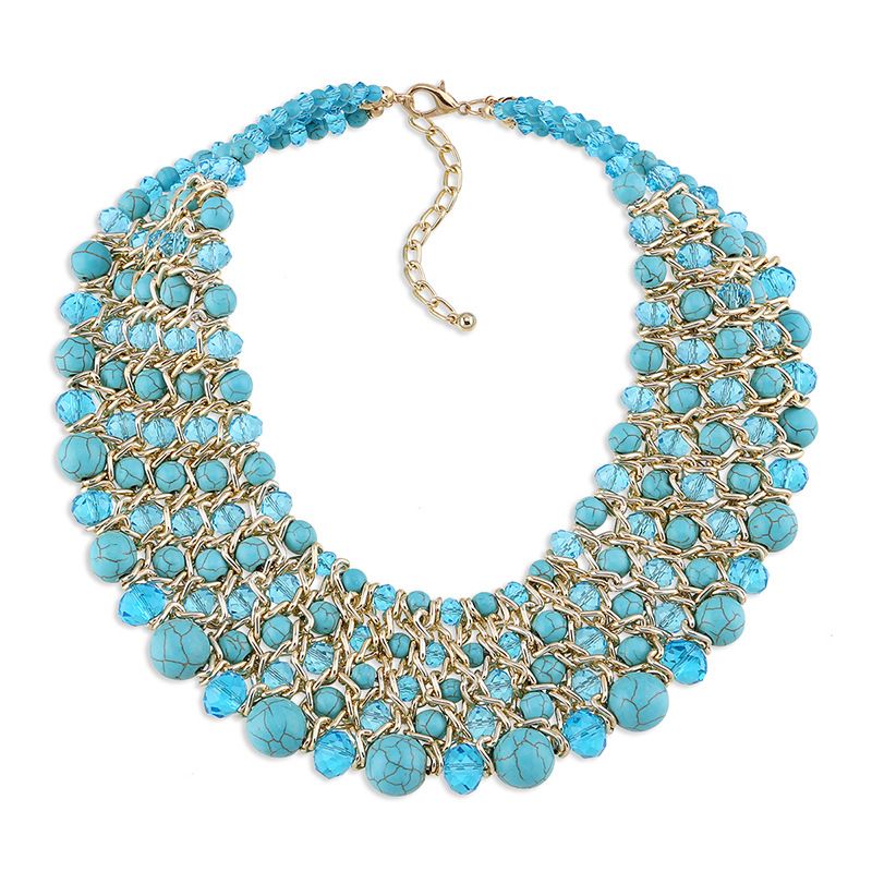 Qiman Populaire Handgemaakte Turquoise Kristal Parel Aluminium Ketting Korte Ketting NK-01561_voghion.com