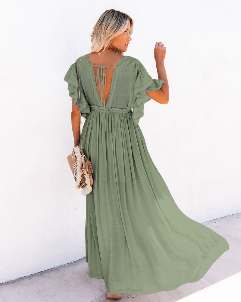 nuovo stile copricostume da spiaggia in tessuto di bambù con bottoni, corda in vita, gonna lunga, camicia di protezione solare_voghion.com