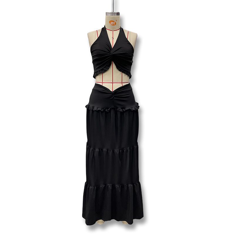 Conjunto de duas peças de blusa e saia longa com babados, moda inverno feminina, sexy, decote em V, estilo halter_voghion.com