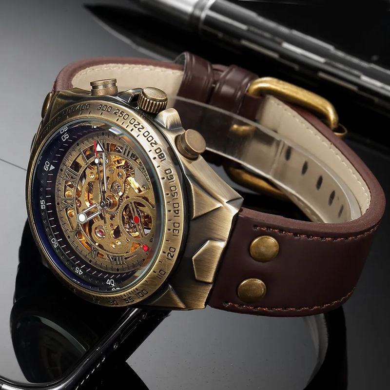Bronze Retro Skeleton Automatic Mechanical Watch For Men Luminous Hand Brown Genuine Leather Belt Luxury Brand Steampunk Watches_voghion.com