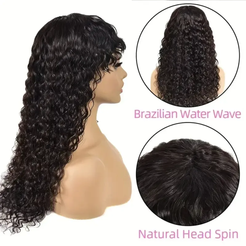 Glueless Water Wave Brazilian Human Hair Wig With Bangs Full Machine Made Wigs for Black Women Deep Wave Curly Wigs On Promotion_voghion.com