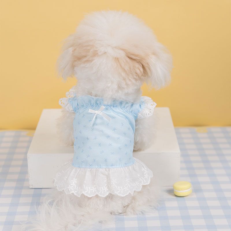 Blauer, vollständig bedruckter Rand, dünner Hosenträgerrock mit Blumenmuster für Welpen im Frühling und Sommer im Vergleich zur Hundekleidung mit Teddybär_voghion.com