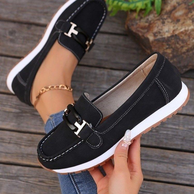 Mocasines anchos de otoño para mujer: plataforma plana con cadena metálica, informales, sin cordones_voghion.com