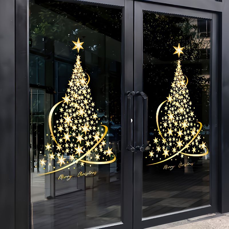 Christmas Gift For Kids - Gold Christmas Tree Window Clings, Easy Static Cling Snowflake Stickers For Glass Doors & Windows, No Mess Removable Decor_voghion.com