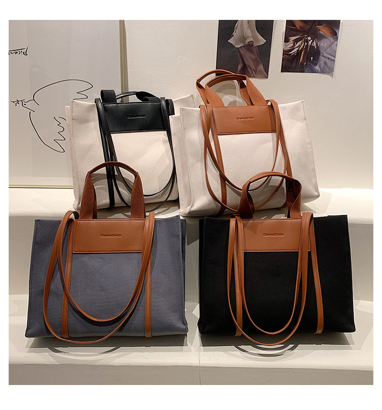 Borse tote da donna, semplici borse tote da donna con colori di tela a contrasto e tracolla singola di grande capacità._voghion.com