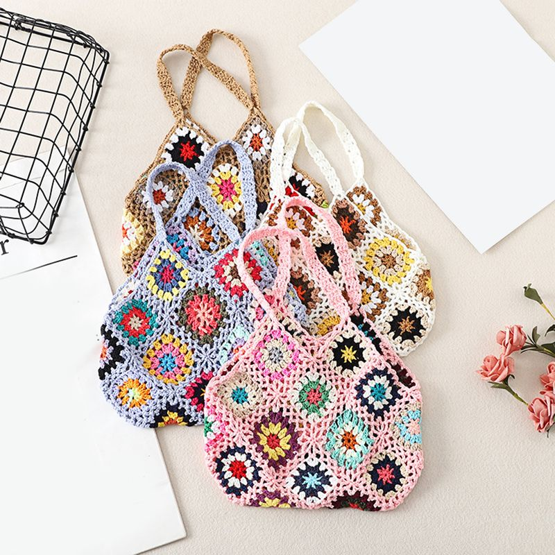 Lihao Women Tote Bag Floral Crochet Large Capacity Handmade Vintage Multicolor Hollow Out Handbag for Travel-Khaki One_voghion.com