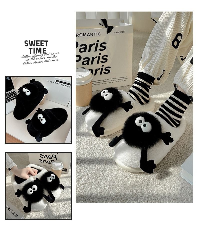 Niedliche Kohlekugel-Hausschuhe, flauschig, für Damen, Herbst und Winter, für drinnen und draußen, rutschfest, warm, Cartoon-Baumwollhausschuhe für Herren_voghion.com