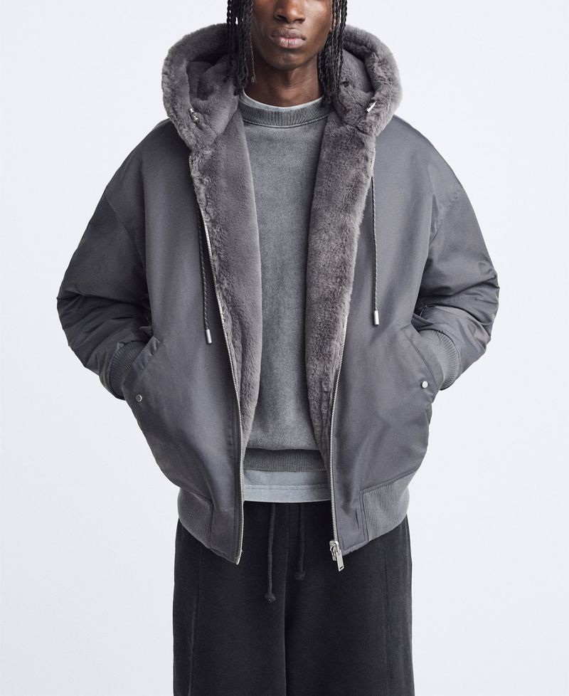 Men's Reversible Thickened Fleece-Lined Hooded Bomber Jacket For Winter, Streetwear Cotton Coat, Black/Grey (S/M/L/XL)_voghion.com