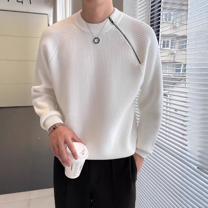 Lazy style fashionable round neck diagonal zipper solid color light mature trendy brand men's winter knitted sweater pullover sweater_voghion.com