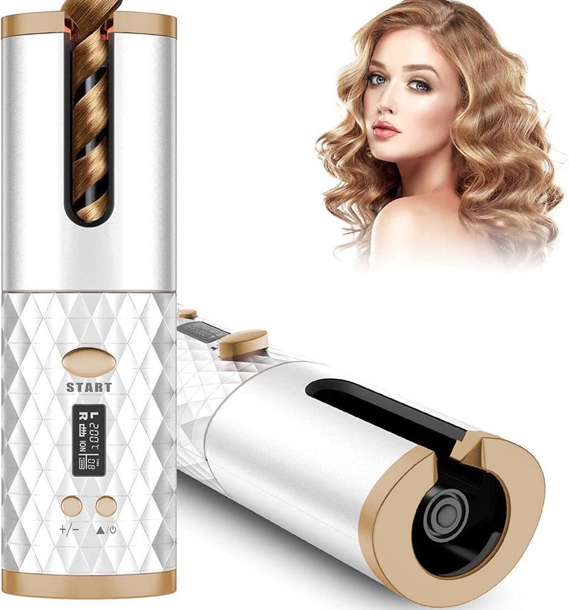 Portable Automatic Hair Curler, Ceramic Rotating Wireless Auto Curling Iron Wand, Portable USB Rechargeable Spin Curler For Hair Styling_voghion.com