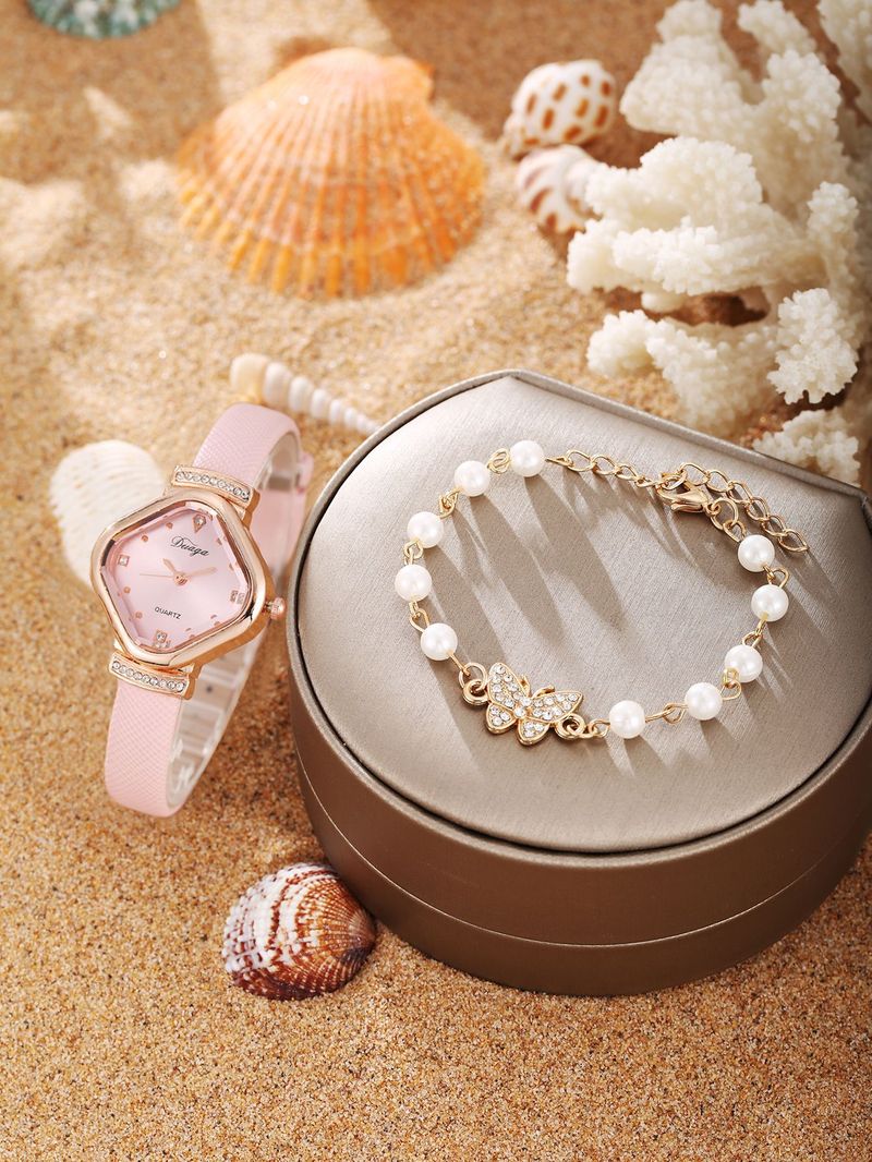 Damenuhr und Schmuckset, zartes süßes quadratisches Zifferblatt, Gürteluhr, Perlenarmband, Legierung, Schmetterlingsschmuckset_voghion.com