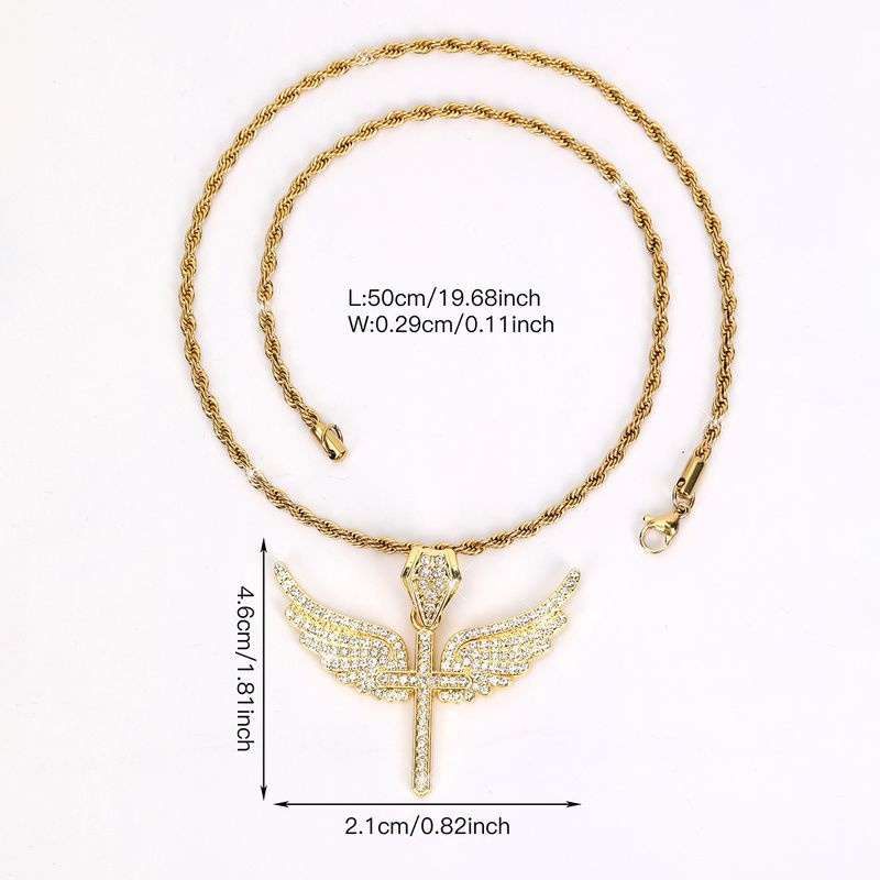 Collana con croce ad ala, in lega di diamanti con strass, catena in acciaio al titanio e personalità alla moda_voghion.com