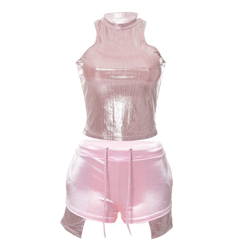 K22ST440 Set casual da donna con coulisse e tasca con coulisse, senza maniche, colore argento brillante_voghion.com