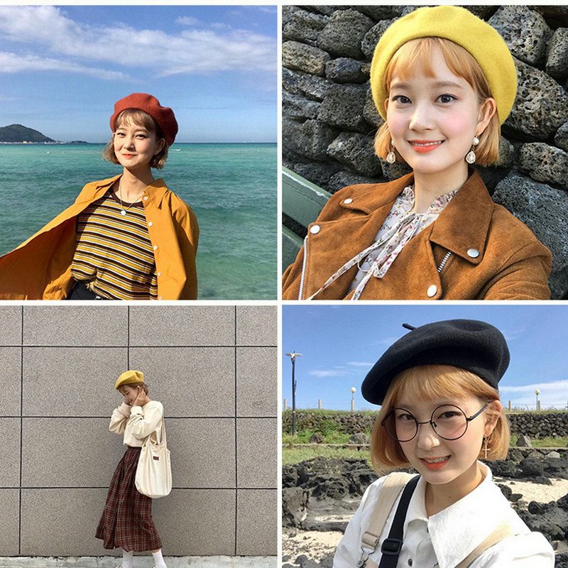 Vendita calda Donna Ragazza Artista Francese Caldo Cappello di Lana Berretto Tinta Unita Retro Berretto Elegante Signora Cappelli Invernali_voghion.com