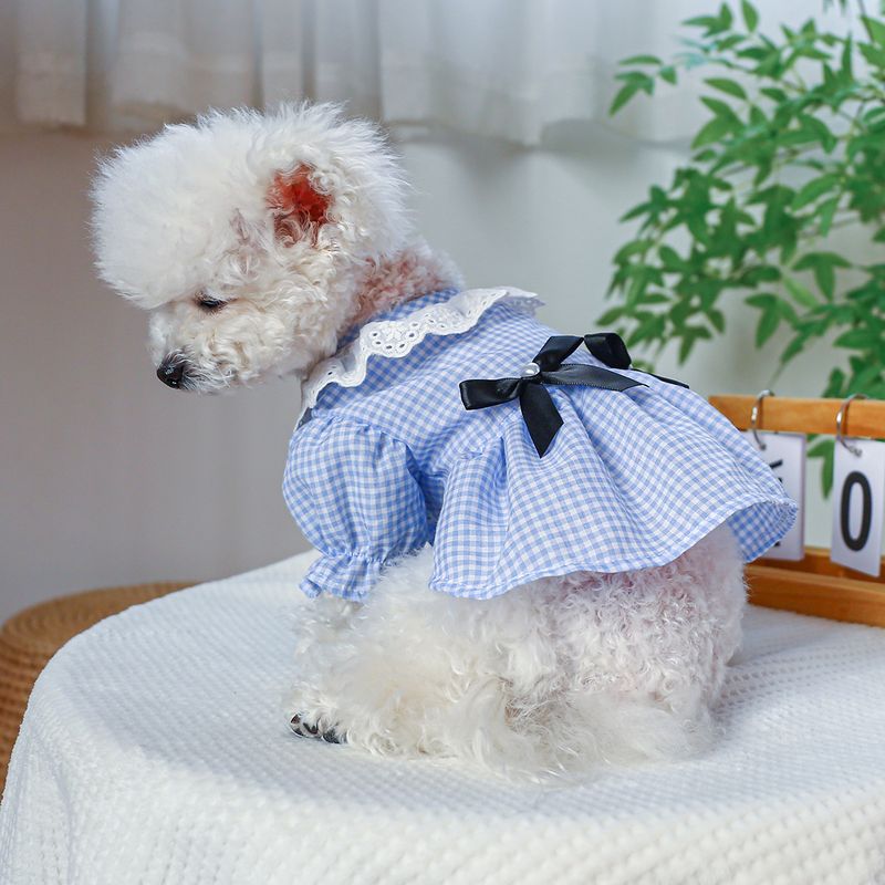 Pet Circle Dog Clothing Cat Clothes Bowknot Lace Collar Edge Black And White Plaid Princess Heart Pearl Dress_voghion.com