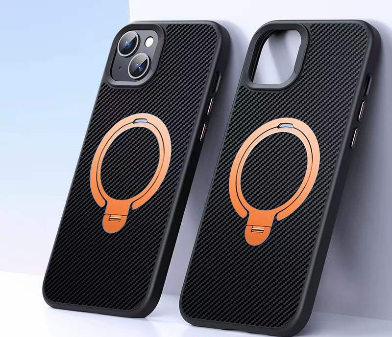 New iPhone15 carbon fiber mobile phone case, double ring magnetic suction bracket, suitable for iPhone15 Pro mobile phone case_voghion.com