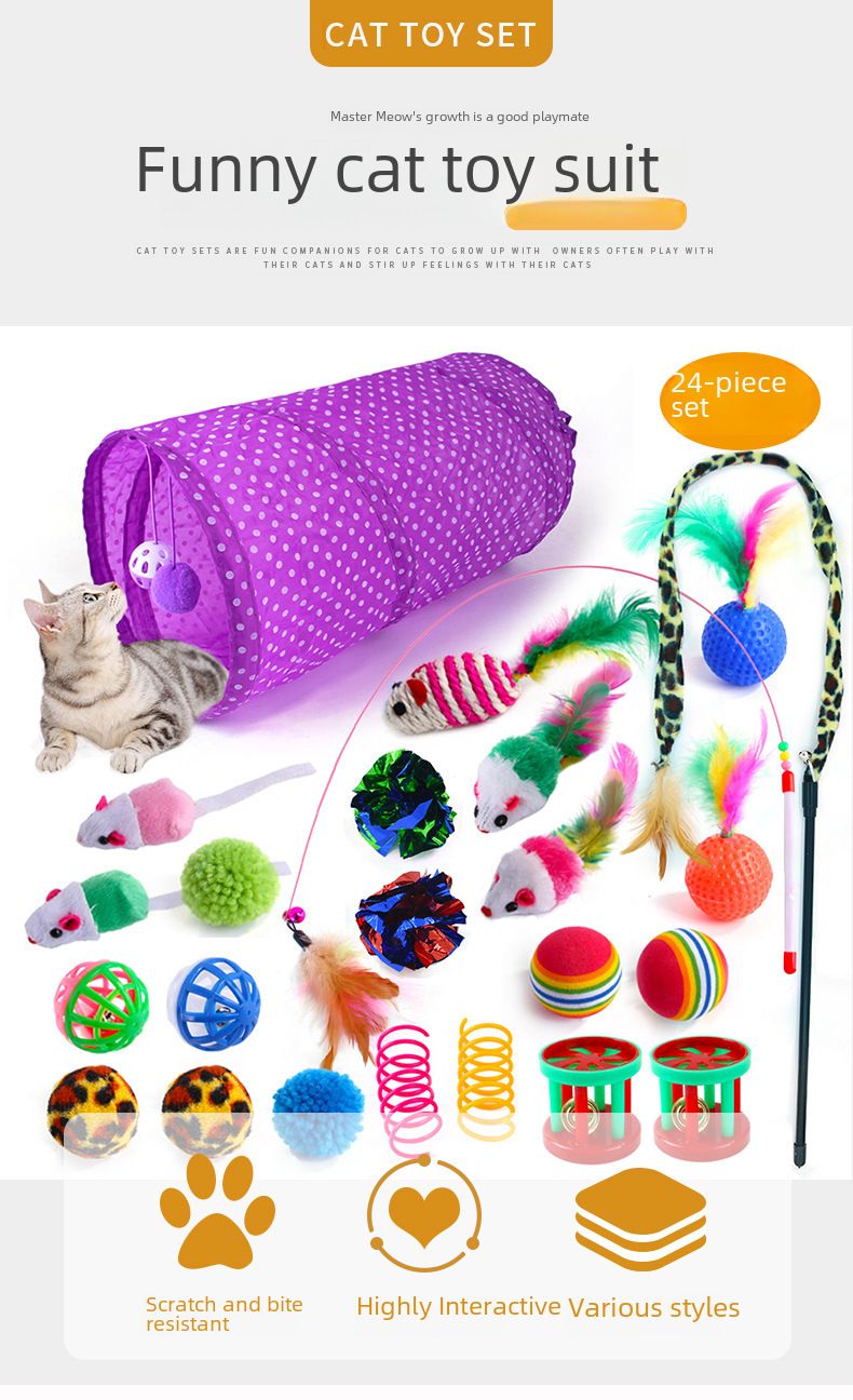 Huisdier Katten Speelgoed Bel Bal Veer Plagende Kat Stok Pluche Muis Veer Katten Tunnel 24 Stuks Set_voghion.com