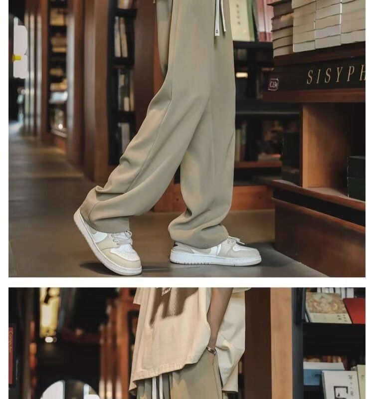 2024 New Khaki Ice Silk Spring And Autumn Suit Loose Straight Leg Casual Pants, Men's Style_voghion.com