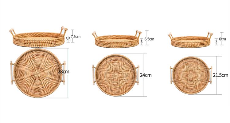 Handgewiefte Rattan-Späichertablett mat Holzgrëff Ronn Wickerkuerf Brout-Iessensteller Uebstkuchenteller Owesiessen-Servéiertablett_voghion.com