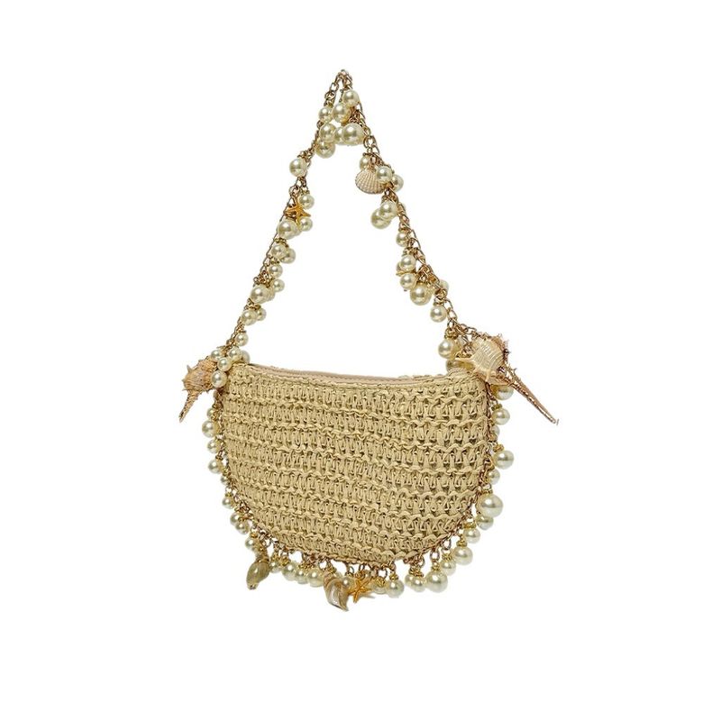 Niche Design New Natural Conch Pearl Chain Beach Vacation High-end French Style Round Straw Bag For Women_voghion.com