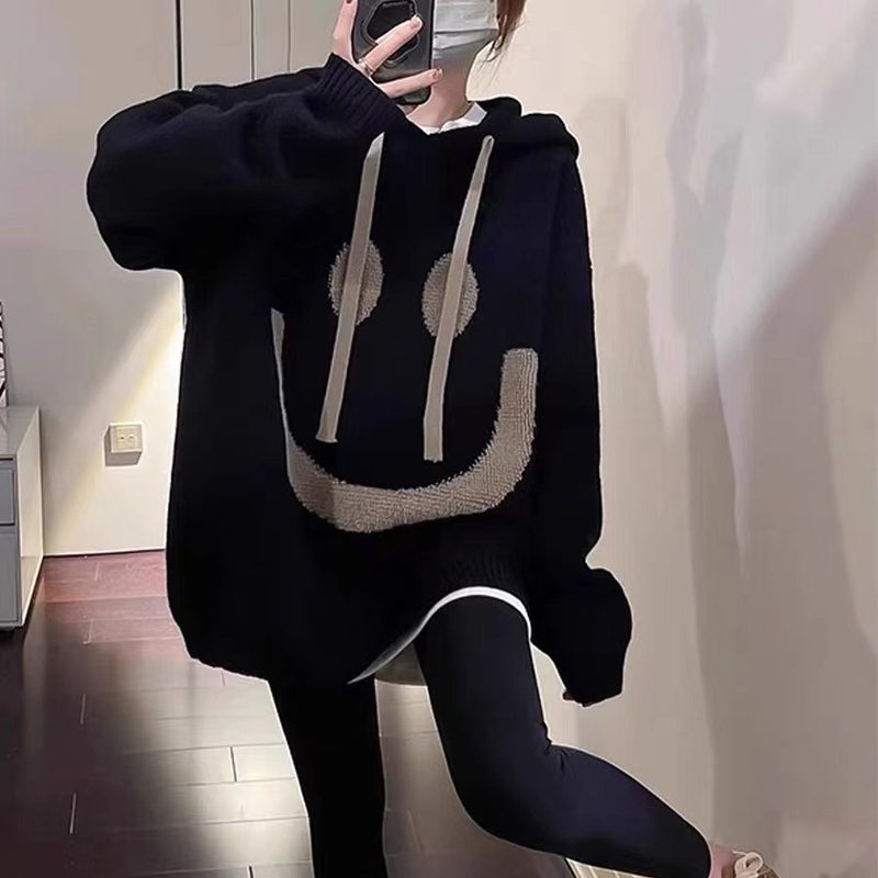 Oversized Hooded Knit Sweater For Women - Black & Beige Contrast Color Pullover, Cozy Lazy Aesthetic Fall Winter Casual Top_voghion.com