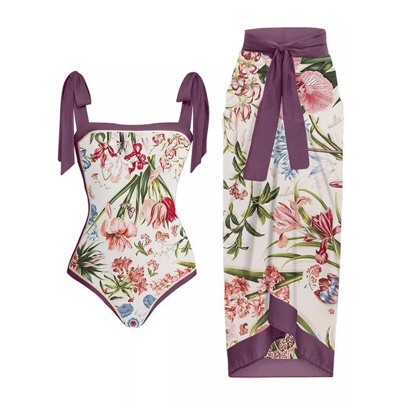 Damenbekleidung Retro Bedruckter Badeanzug Konservativer Einteiler Chiffonbluse Zweiteiliger Badeanzug_voghion.com