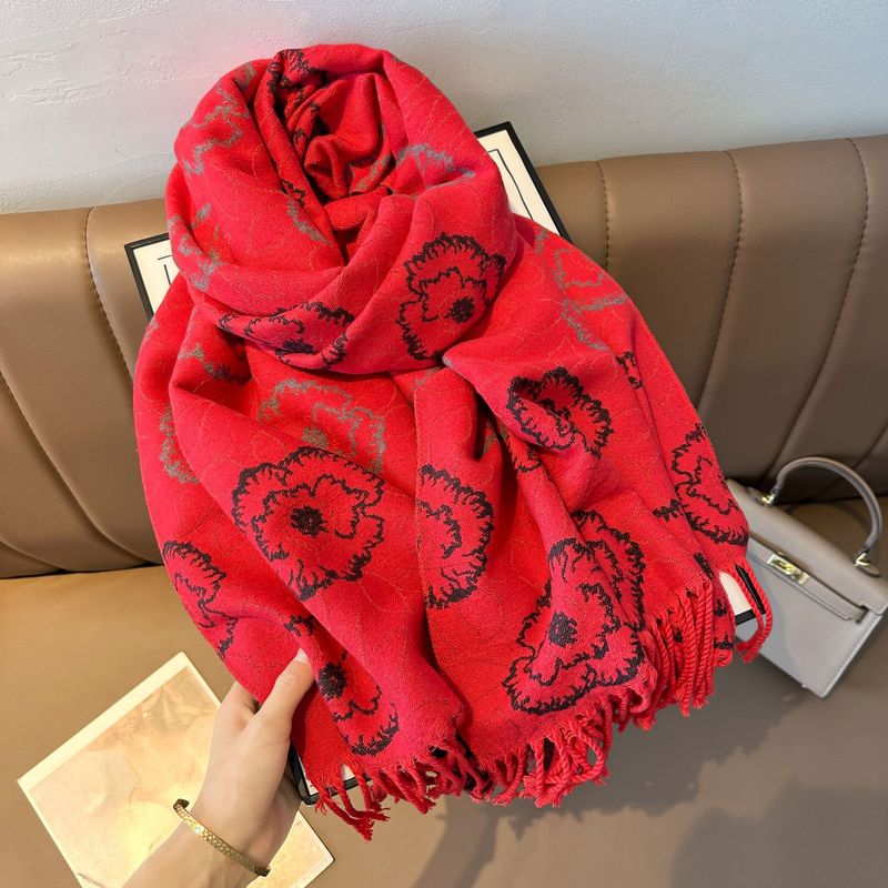 Elegant Camellia Fringe Shawl Scarf - Winter Warm Double-Layered Wrap With Stylish Floral Design, Soft & Cozy For Women_voghion.com