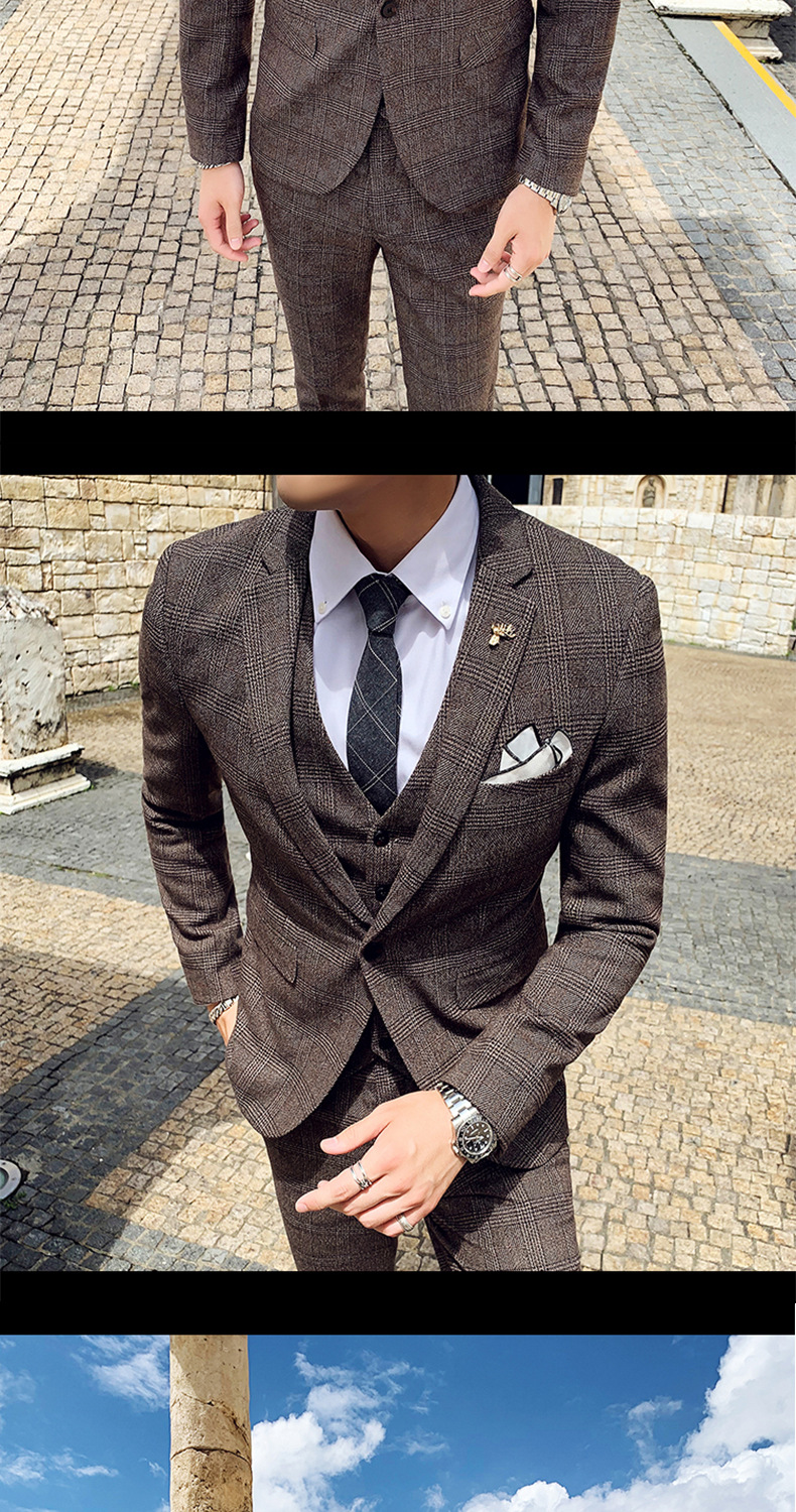 Men's Three-piece Suit Korean Style British Slim Plaid Wedding Casual Three-piece Suit_voghion.com