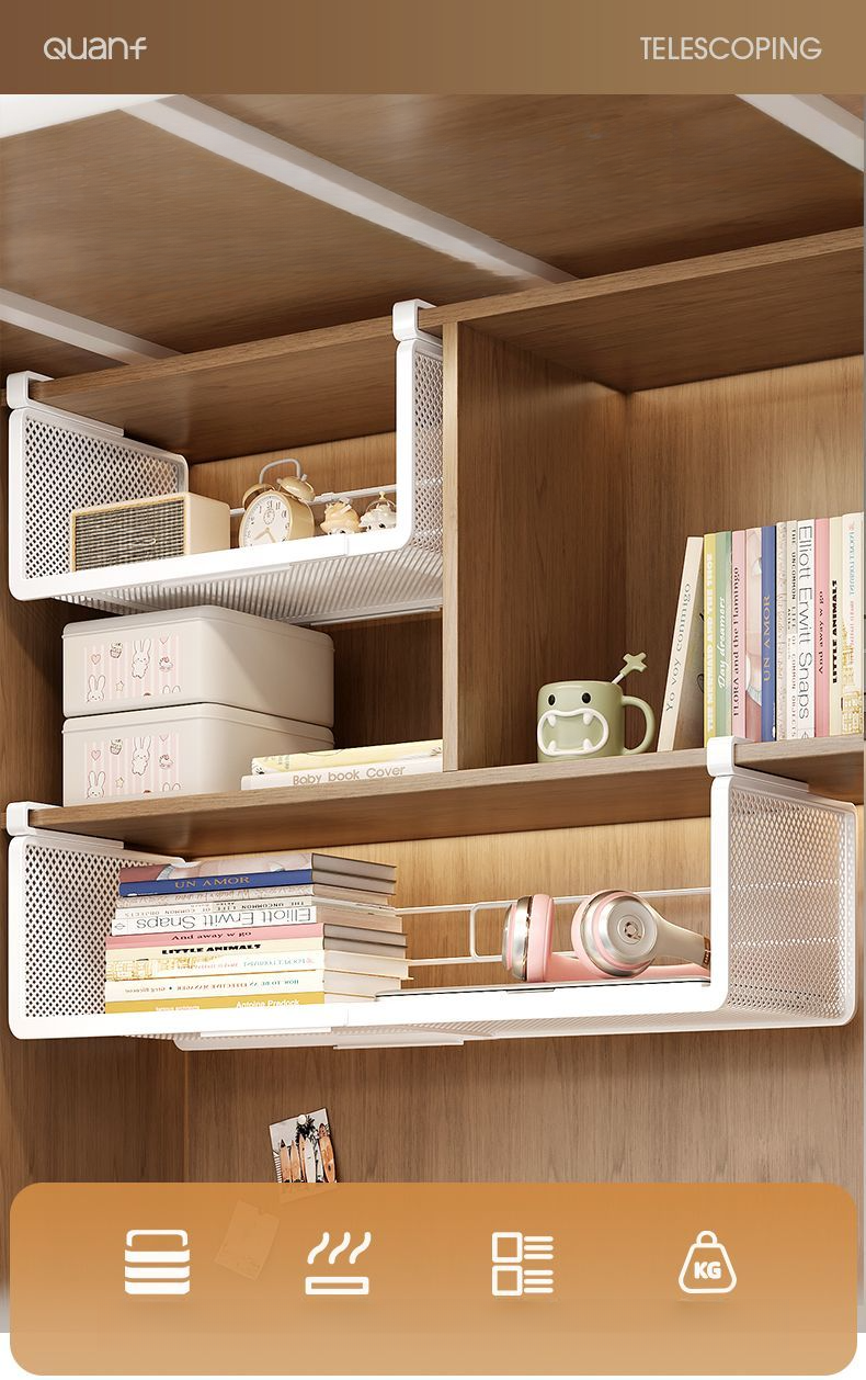Expandable Under Cabinet Hanging Basket Dormitory Kitchen Rack Organizer Shelf Wardrobe Wall-mounted No-drill Storage_voghion.com