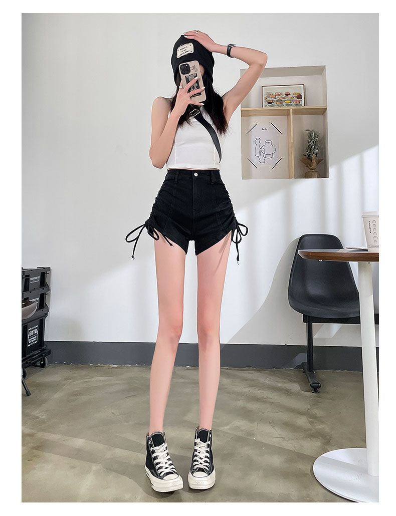 Strap drawstring denim shorts for women in summer, niche design with high waist slimming effect. Spicy girls have a_voghion.com