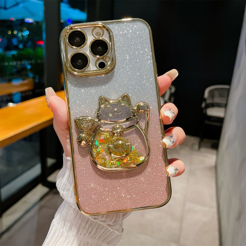 Custodia per telefono Flowing Sand Electroplated Wealth Cat adatta per iPhone 11, 12, 13, 14, 15 Pro Max con pellicola per obiettivo integrata_voghion.com
