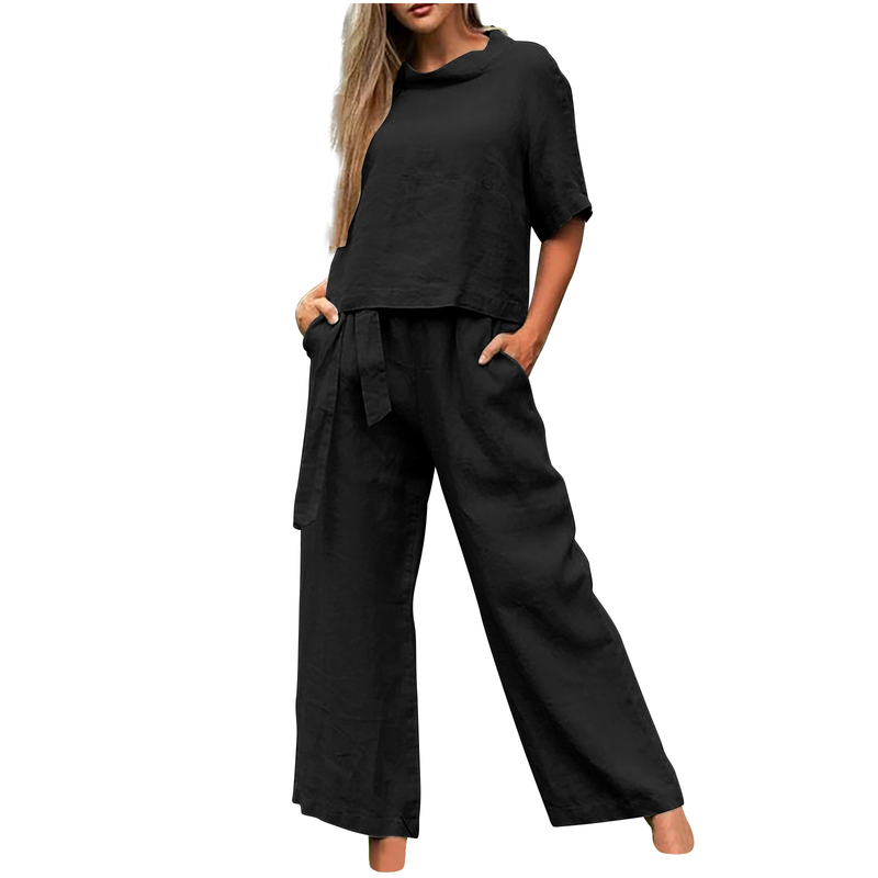 Fraen nei Summer Kuerzärmel Ronn Hals Plus Size Dammekleeder Casual Zwee-Stéck Kostümer fir Fraen_voghion.com