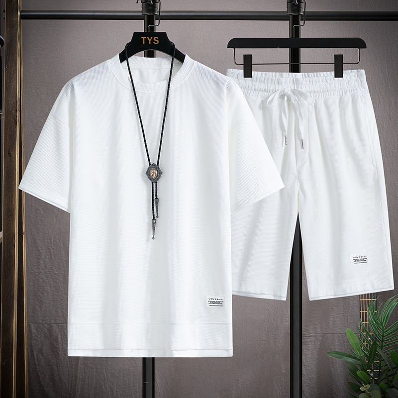 Waffel-Kurzes Herren-T-Shirt mit lockerem Halbarm, lässig, für den Sommer, zweiteilig_voghion.com