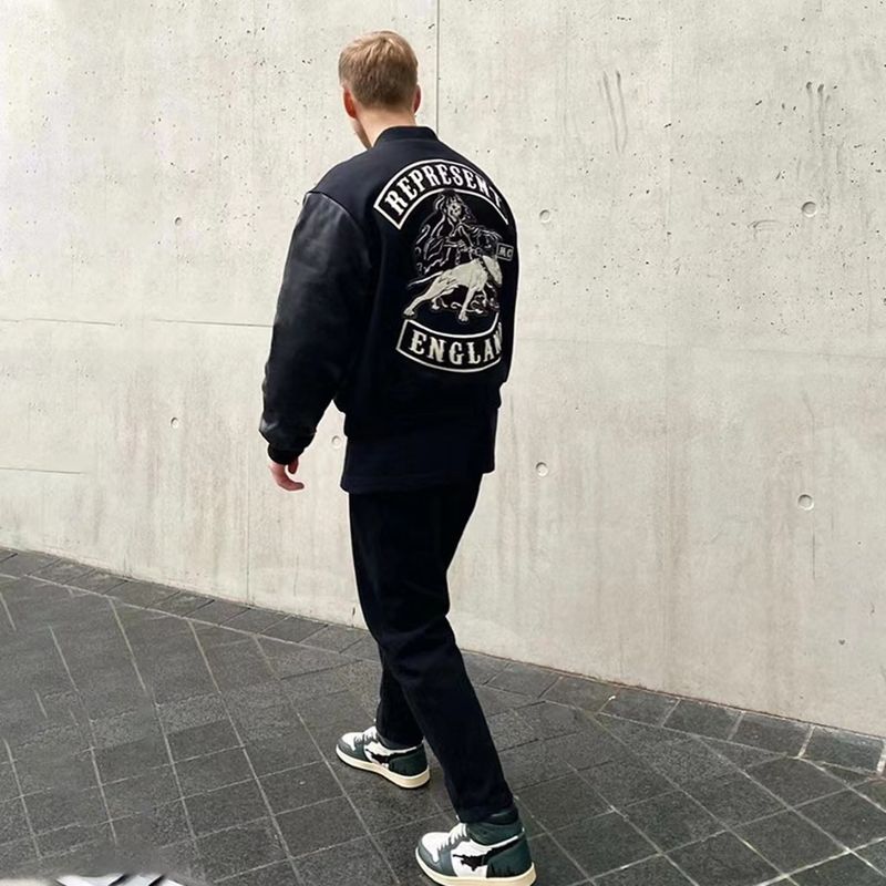 Chaqueta de béisbol estilo americano de calle, mangas de cuero con bordado de perro de otoño, chaqueta de motociclista holgada de marca de moda_voghion.com