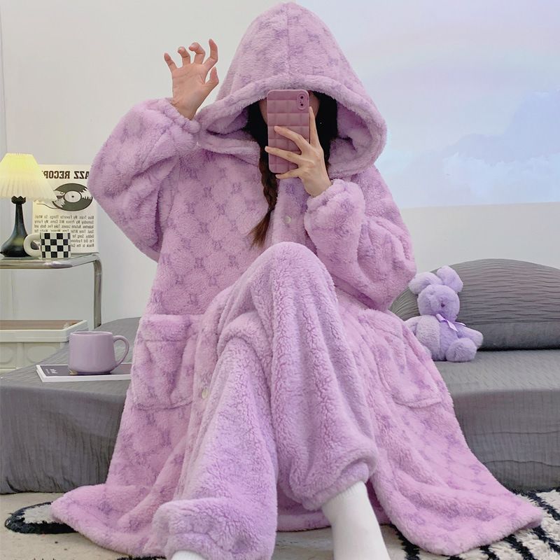 Pigiama da donna in pile corallo, pile spesso, flanella, camicia da notte, accappatoio, set da salotto con cappuccio_voghion.com