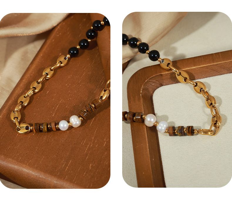 Maillard-Stil Modischer Schmuck aus Titanstahl Tigerauge-Stein Schwarze Achat-Perlenkette Vergoldetes Designgefühl_voghion.com